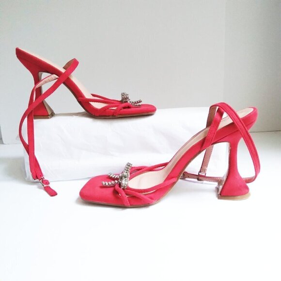 Red  Rhinestone Bow  Square Toe Wrap Around Strappy Sandals Horsehoof Heel Sz 38 - Picture 7 of 9